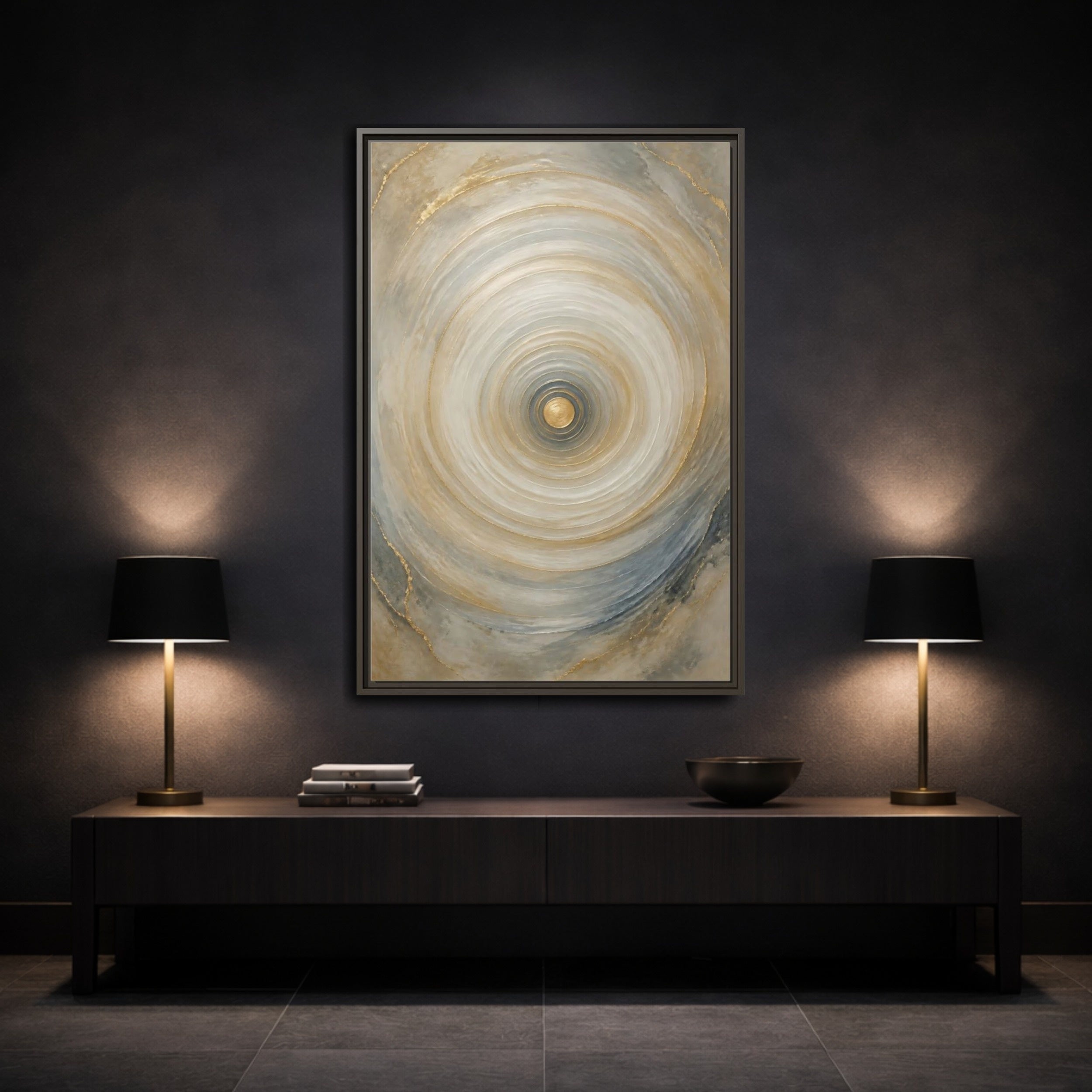 Mockup 3. Abstract Abstract Circle Gold Grey Abstract shown as stretched canvas wall art