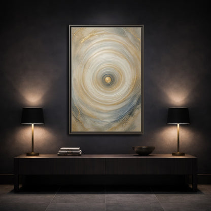 Abstract Circle Gold Grey Framed Canvas Wall Art - Modern Decor for Living Room, Above Fireplace shown as canvas wall art