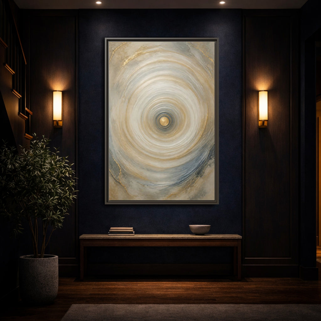 Mockup 4. Abstract Abstract Circle Gold Grey Abstract shown as stretched canvas wall art