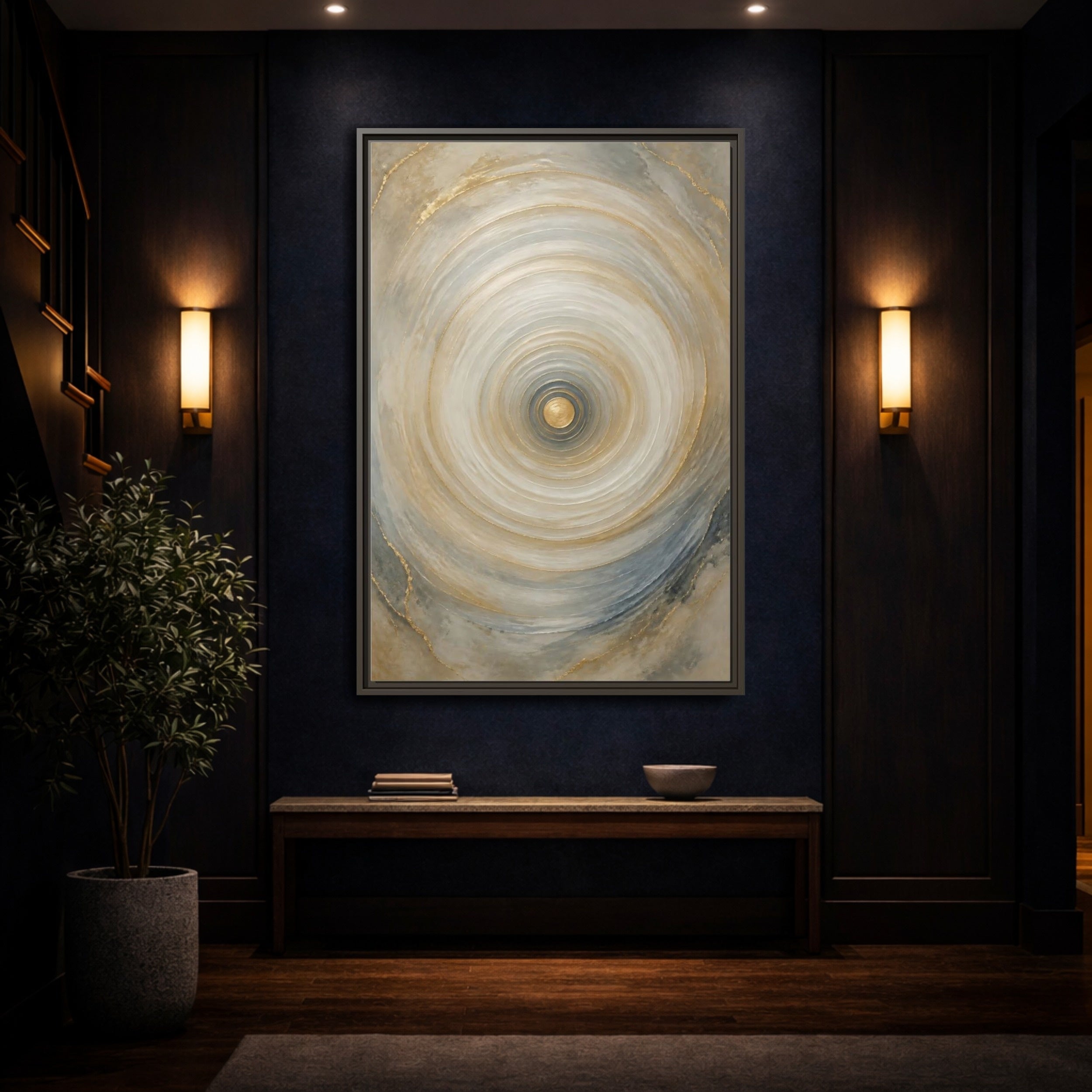 Mockup 4. Abstract Abstract Circle Gold Grey Abstract shown as stretched canvas wall art