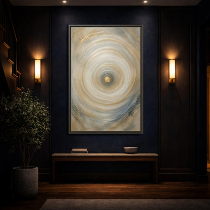 Abstract Circle Gold Grey Framed Canvas Wall Art - Modern Decor for Living Room, Above Fireplace shown as canvas wall art