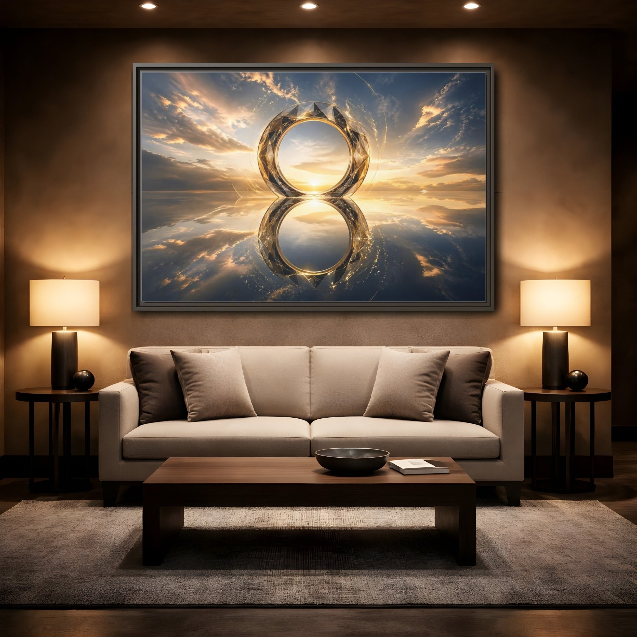 Mockup 2. Abstract Abstract Circle Golden Abstract Circle shown as stretched canvas wall art
