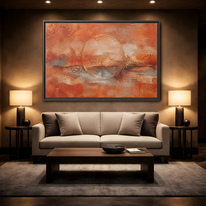 Mockup 2. Abstract Abstract Circle Orange And Gold shown as stretched canvas wall art