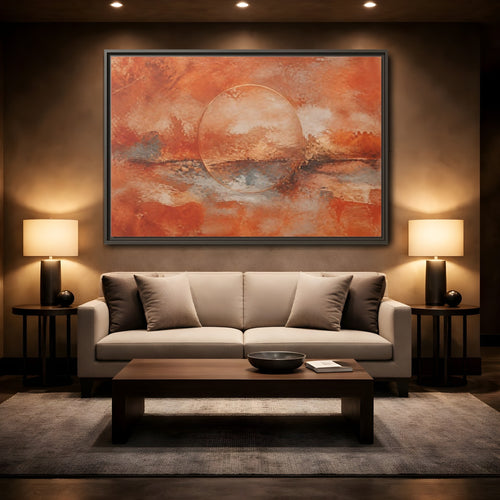 Mockup 2. Abstract Abstract Circle Orange And Gold shown as stretched canvas wall art