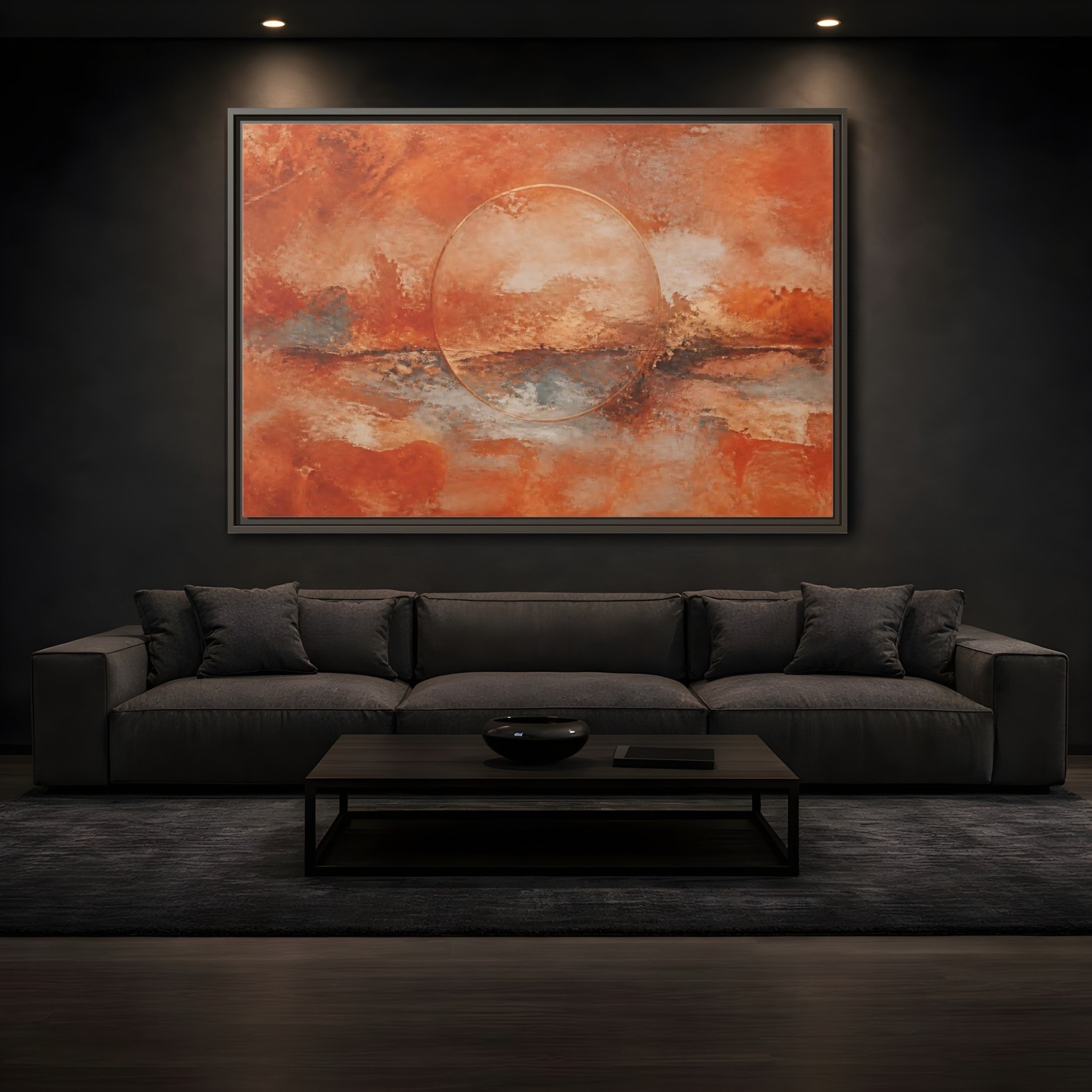Mockup 3. Abstract Abstract Circle Orange And Gold shown as stretched canvas wall art