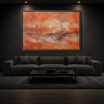 Mockup 3. Abstract Abstract Circle Orange And Gold shown as stretched canvas wall art