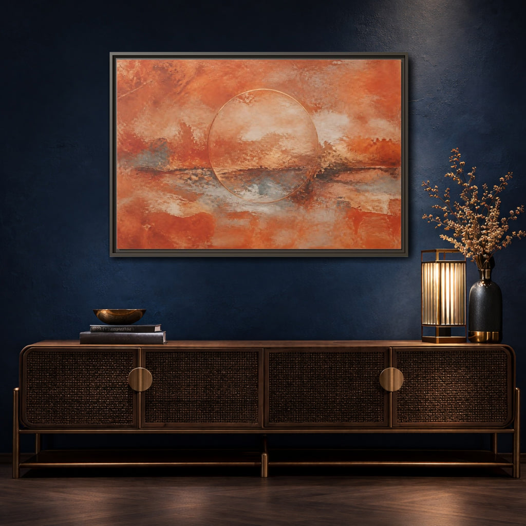 Mockup 4. Abstract Abstract Circle Orange And Gold shown as stretched canvas wall art