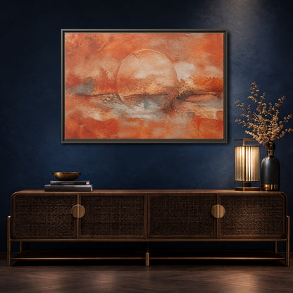 Mockup 4. Abstract Abstract Circle Orange And Gold shown as stretched canvas wall art