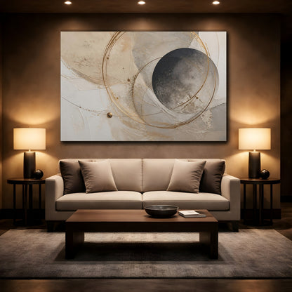 Mockup 2. Abstract Abstract Circles Beige Gold Abstract shown as stretched canvas wall art