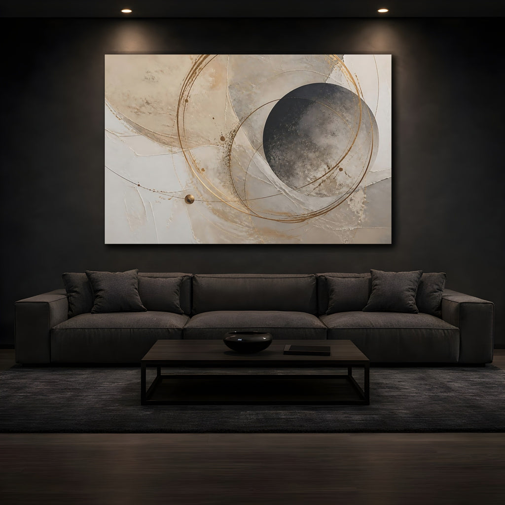 Mockup 3. Abstract Abstract Circles Beige Gold Abstract shown as stretched canvas wall art