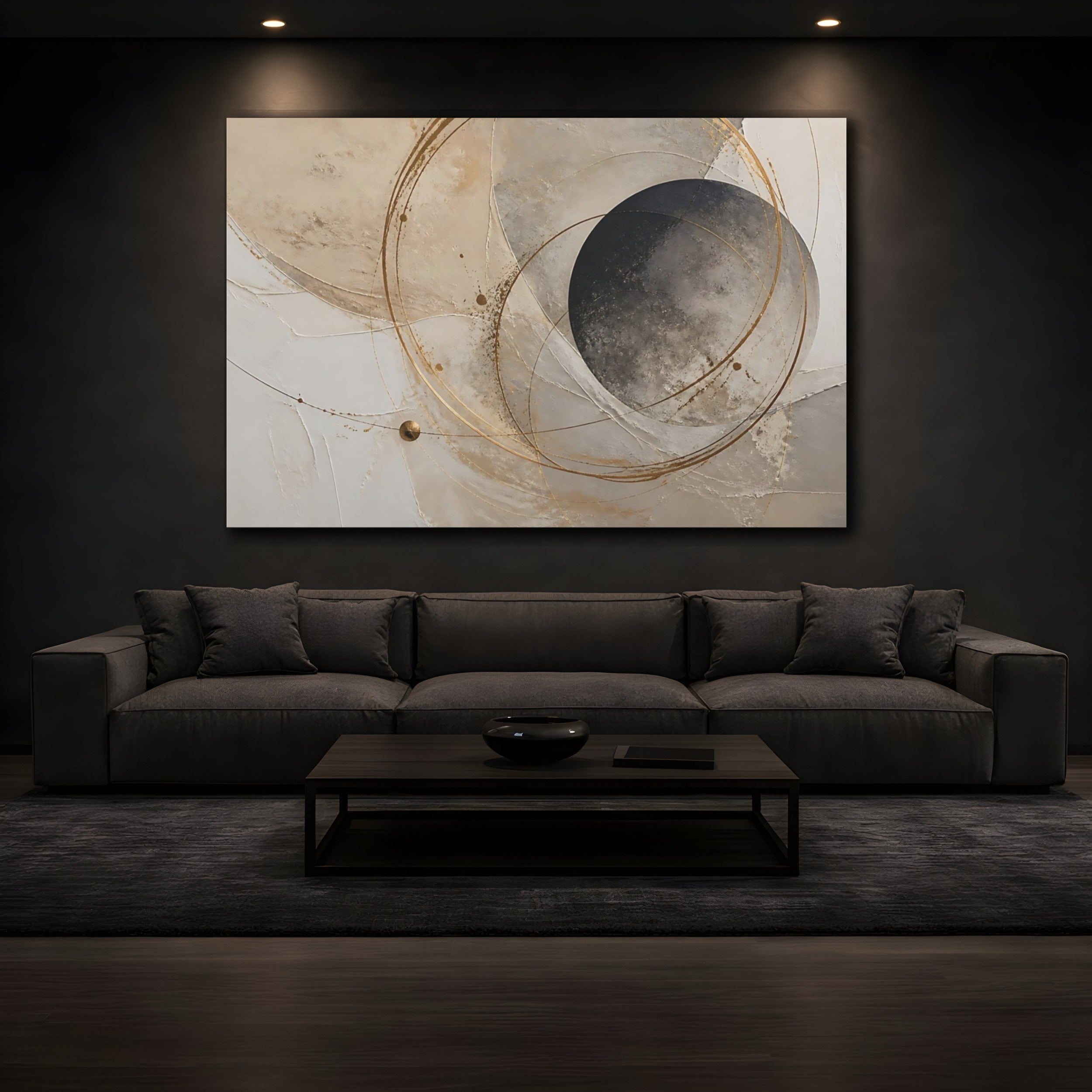 Mockup 3. Abstract Abstract Circles Beige Gold Abstract shown as stretched canvas wall art