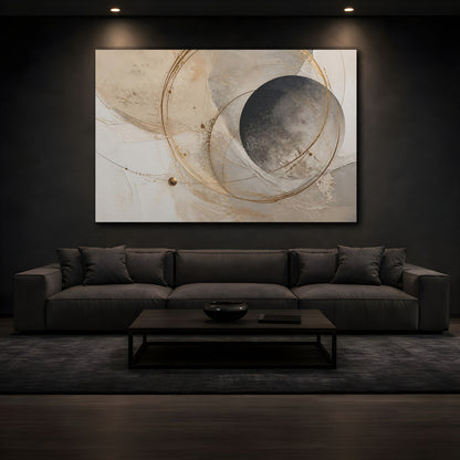 Mockup 3. Abstract Abstract Circles Beige Gold Abstract shown as stretched canvas wall art