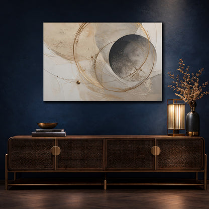 Mockup 4. Abstract Abstract Circles Beige Gold Abstract shown as stretched canvas wall art