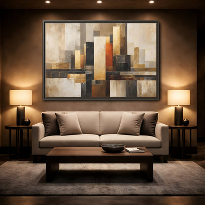 Mockup 2. Abstract Abstract Cityscape Gold Abstract Art shown as stretched canvas wall art