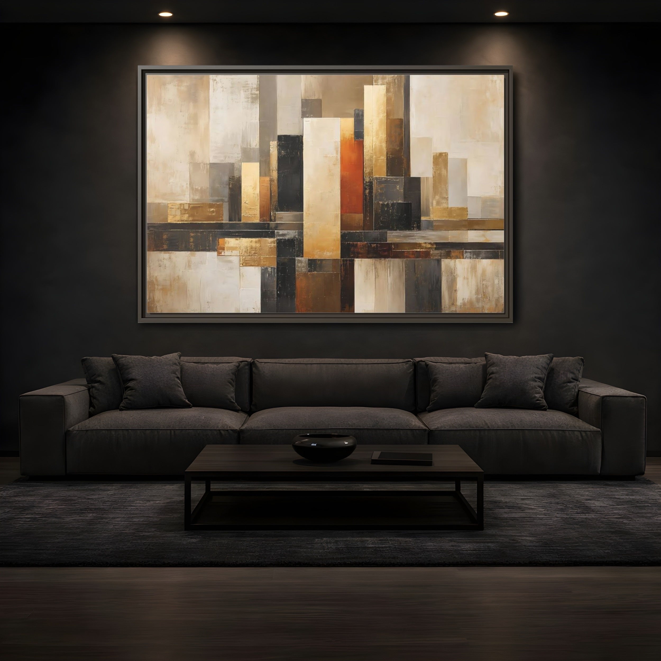 Mockup 3. Abstract Abstract Cityscape Gold Abstract Art shown as stretched canvas wall art