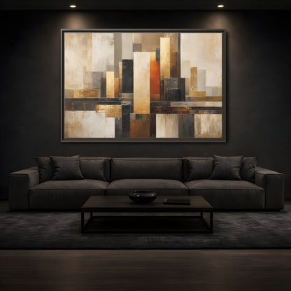 Mockup 3. Abstract Abstract Cityscape Gold Abstract Art shown as stretched canvas wall art