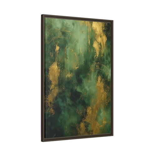Main Mockup. Abstract Abstract Clock Green And Gold Abstract shown as stretched canvas wall art