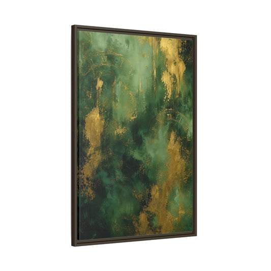 Main Mockup. Abstract Abstract Clock Green And Gold Abstract shown as stretched canvas wall art