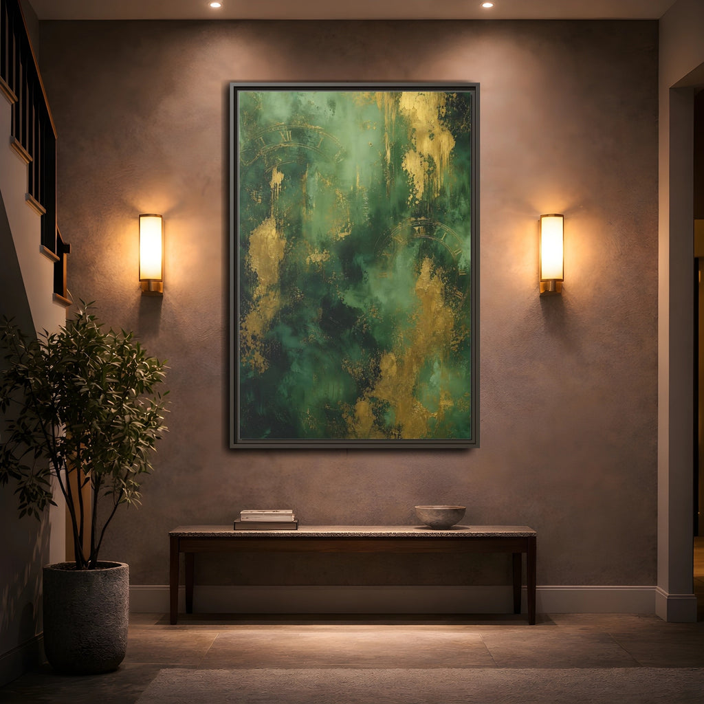 Mockup 2. Abstract Abstract Clock Green And Gold Abstract shown as stretched canvas wall art