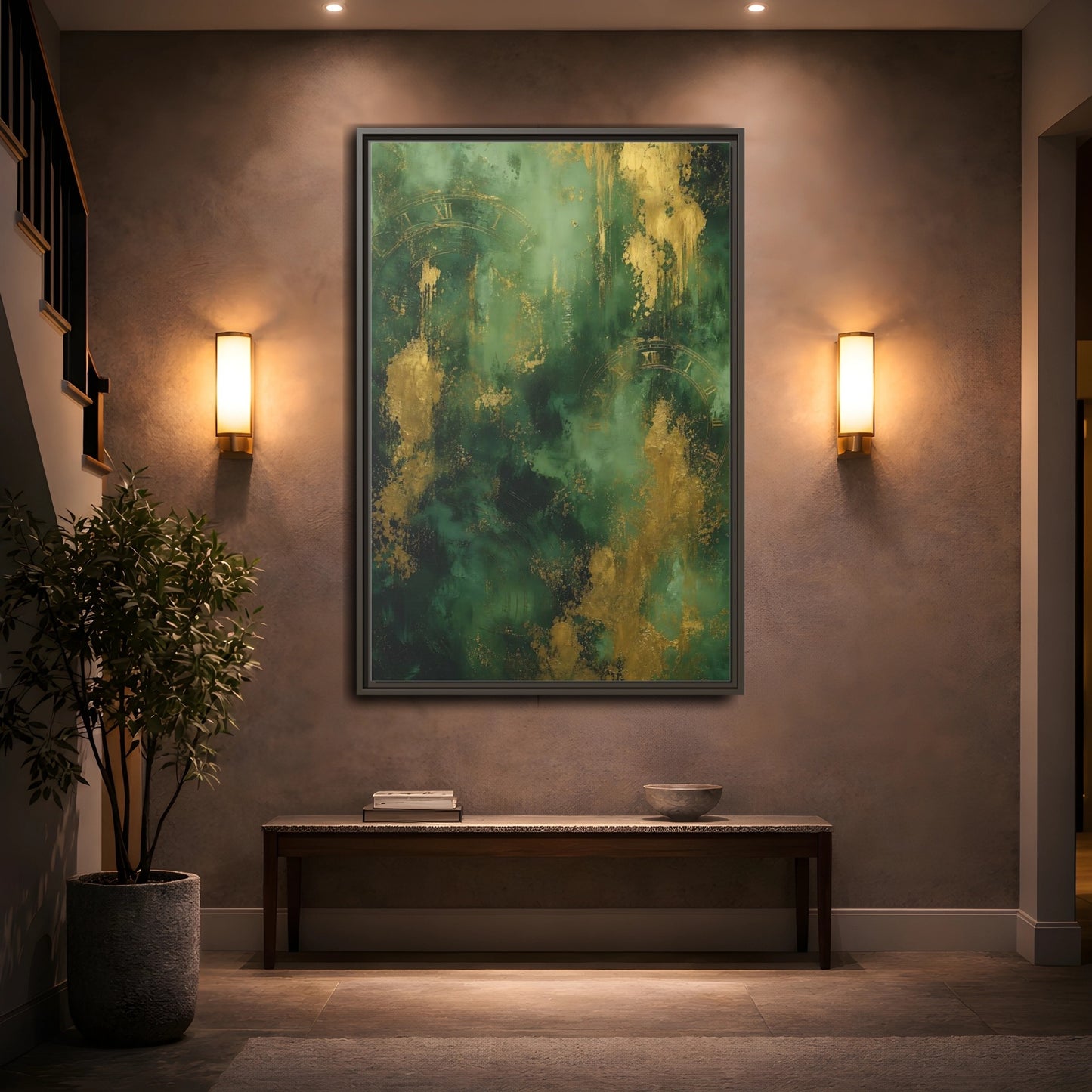 Mockup 2. Abstract Abstract Clock Green And Gold Abstract shown as stretched canvas wall art