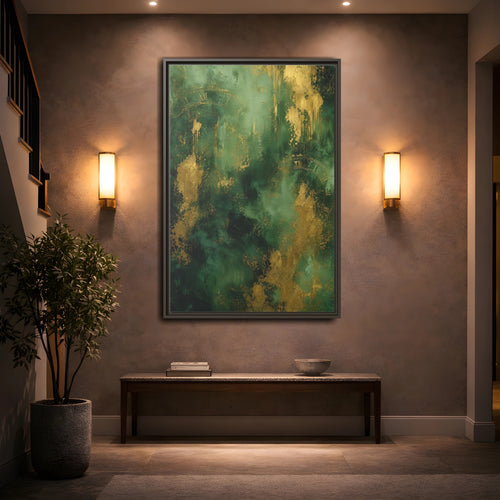 Mockup 2. Abstract Abstract Clock Green And Gold Abstract shown as stretched canvas wall art