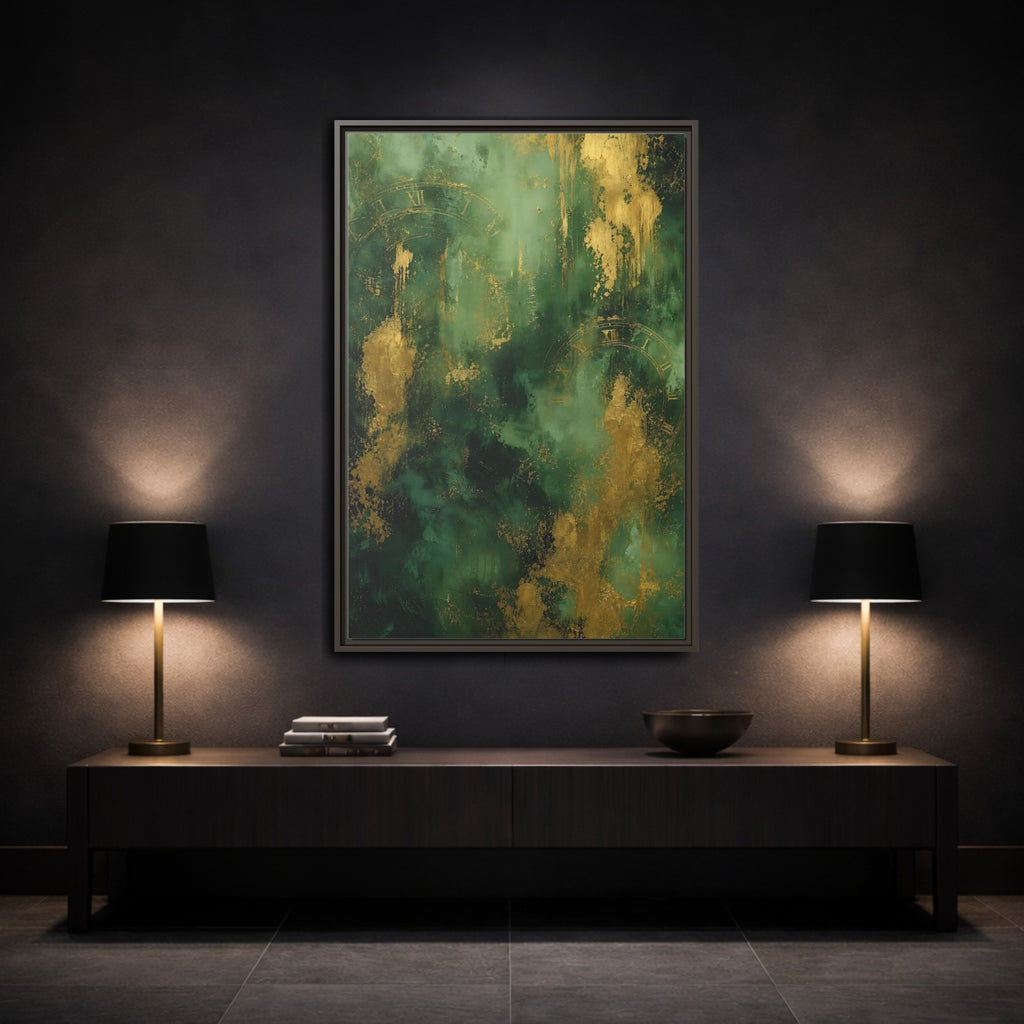 Mockup 3. Abstract Abstract Clock Green And Gold Abstract shown as stretched canvas wall art