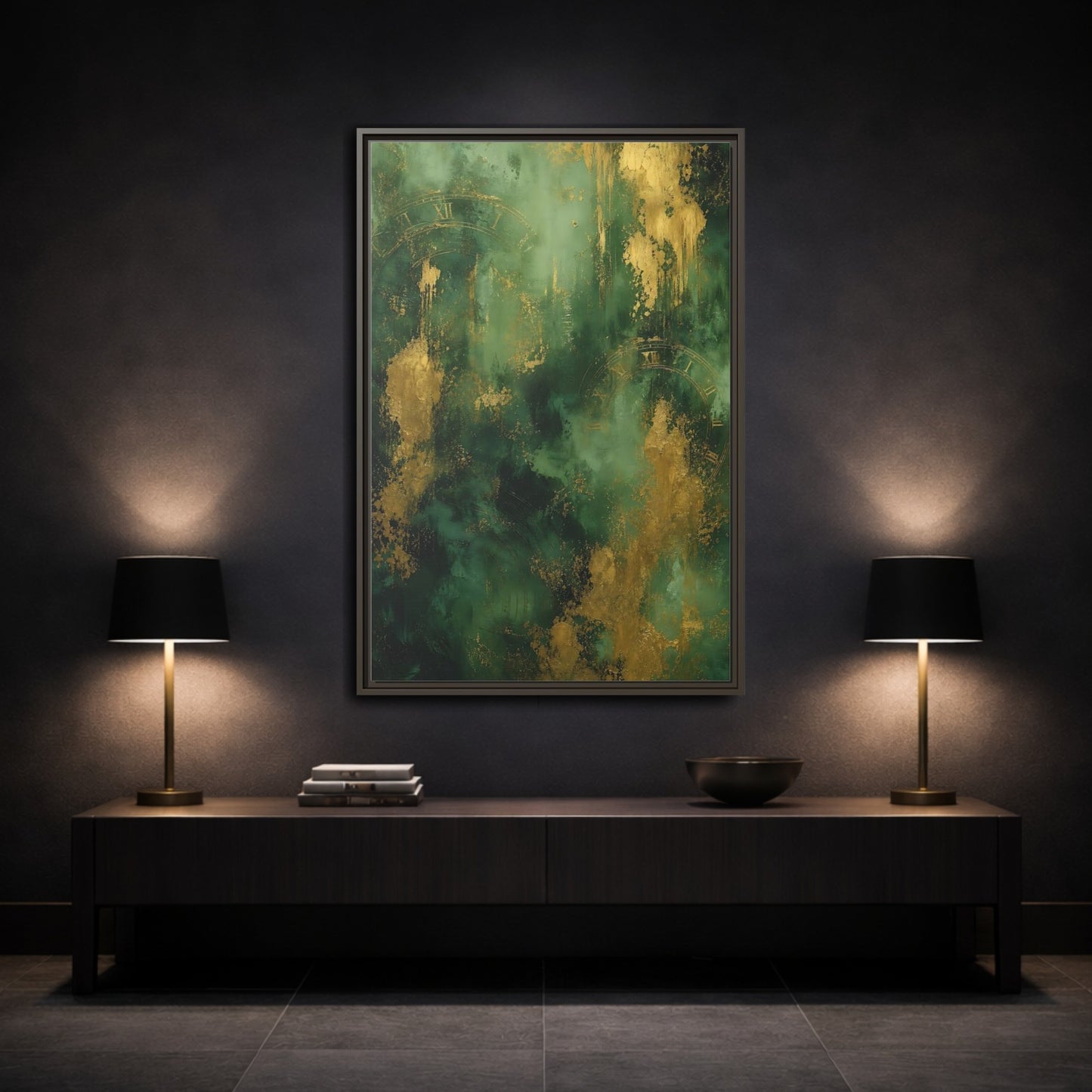 Mockup 3. Abstract Abstract Clock Green And Gold Abstract shown as stretched canvas wall art