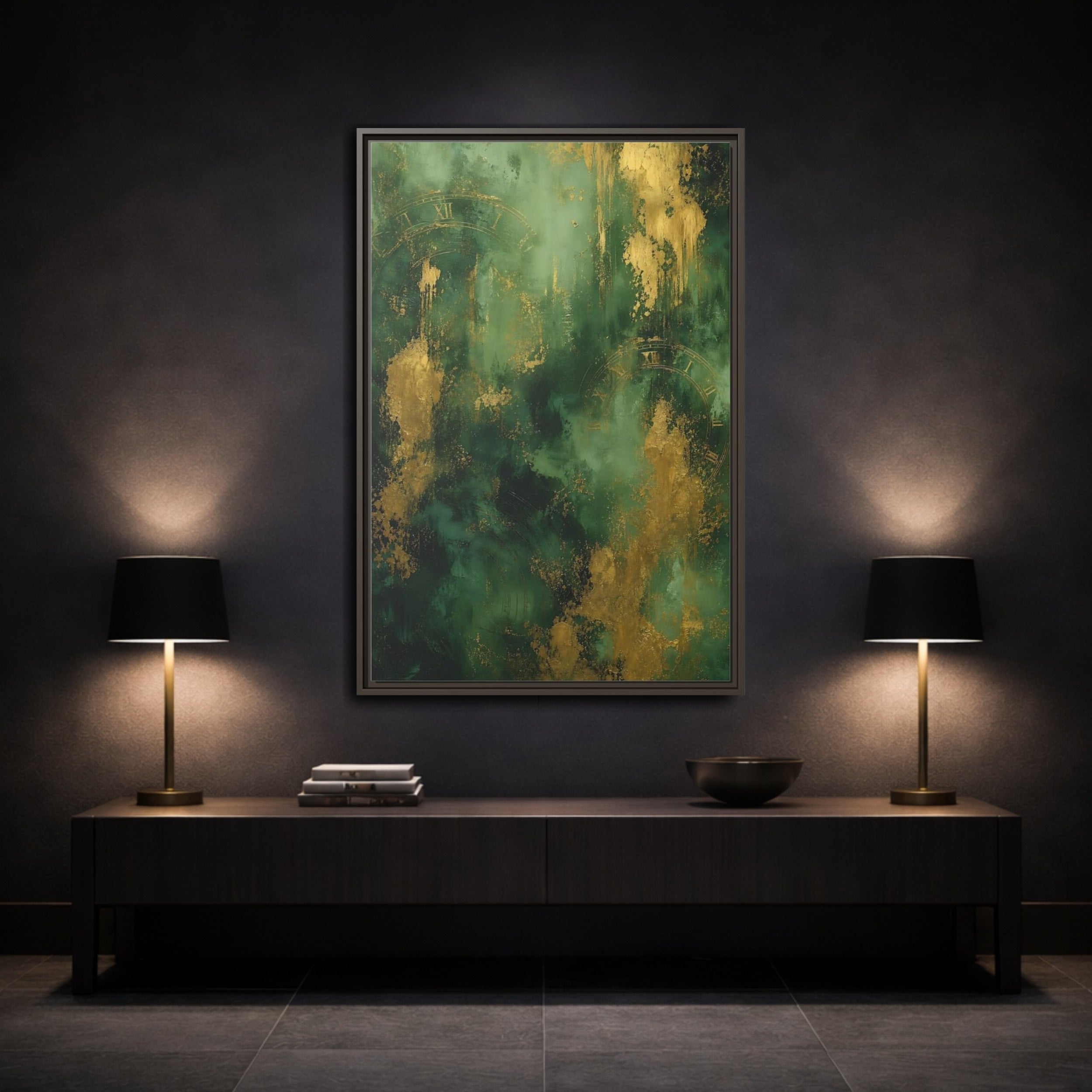Mockup 3. Abstract Abstract Clock Green And Gold Abstract shown as stretched canvas wall art