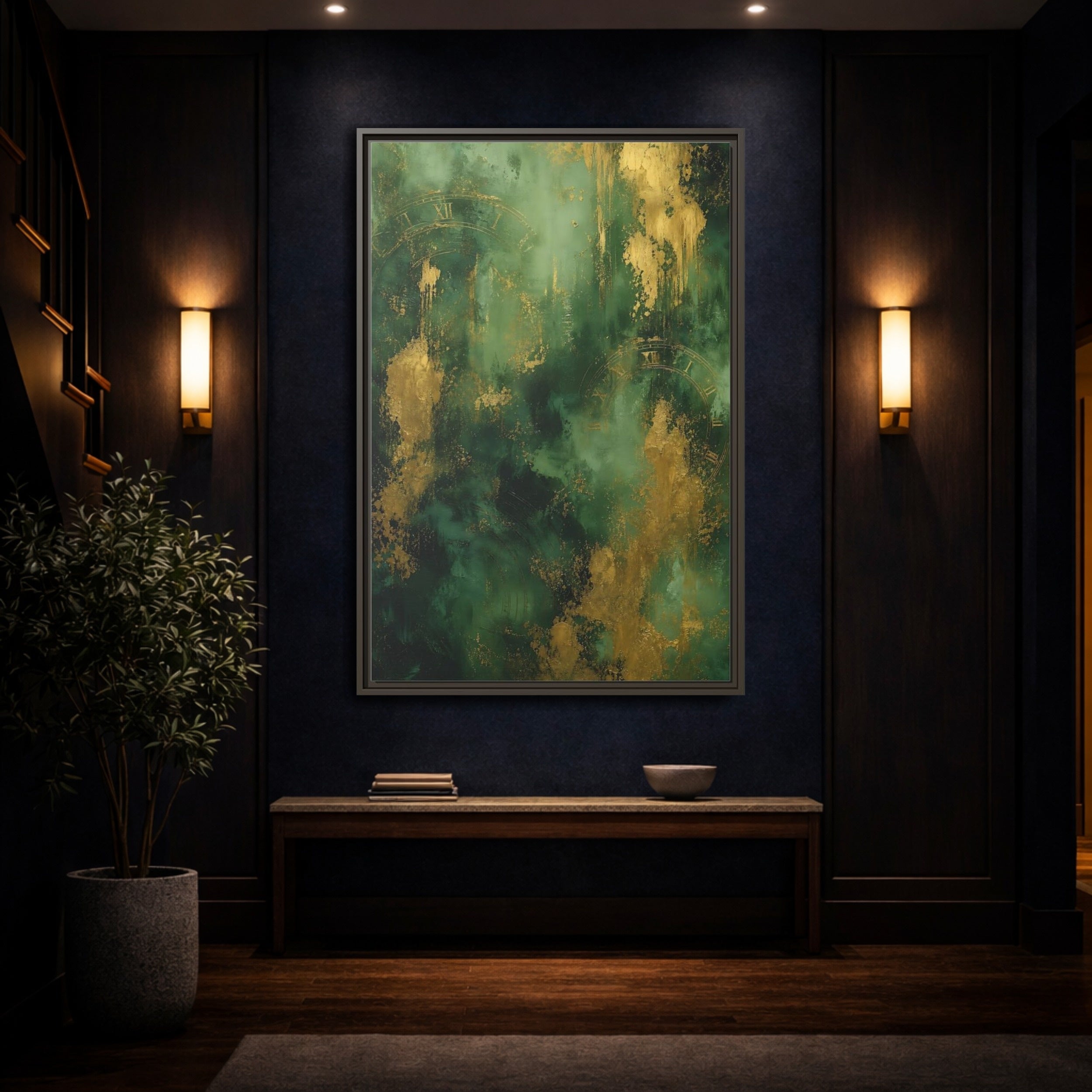 Mockup 4. Abstract Abstract Clock Green And Gold Abstract shown as stretched canvas wall art