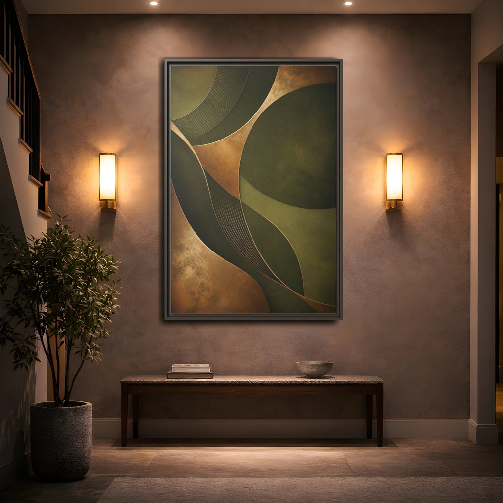 Mockup 2. Abstract Abstract Curves Green And Gold shown as stretched canvas wall art