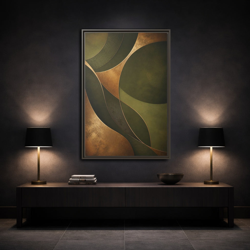 Mockup 3. Abstract Abstract Curves Green And Gold shown as stretched canvas wall art