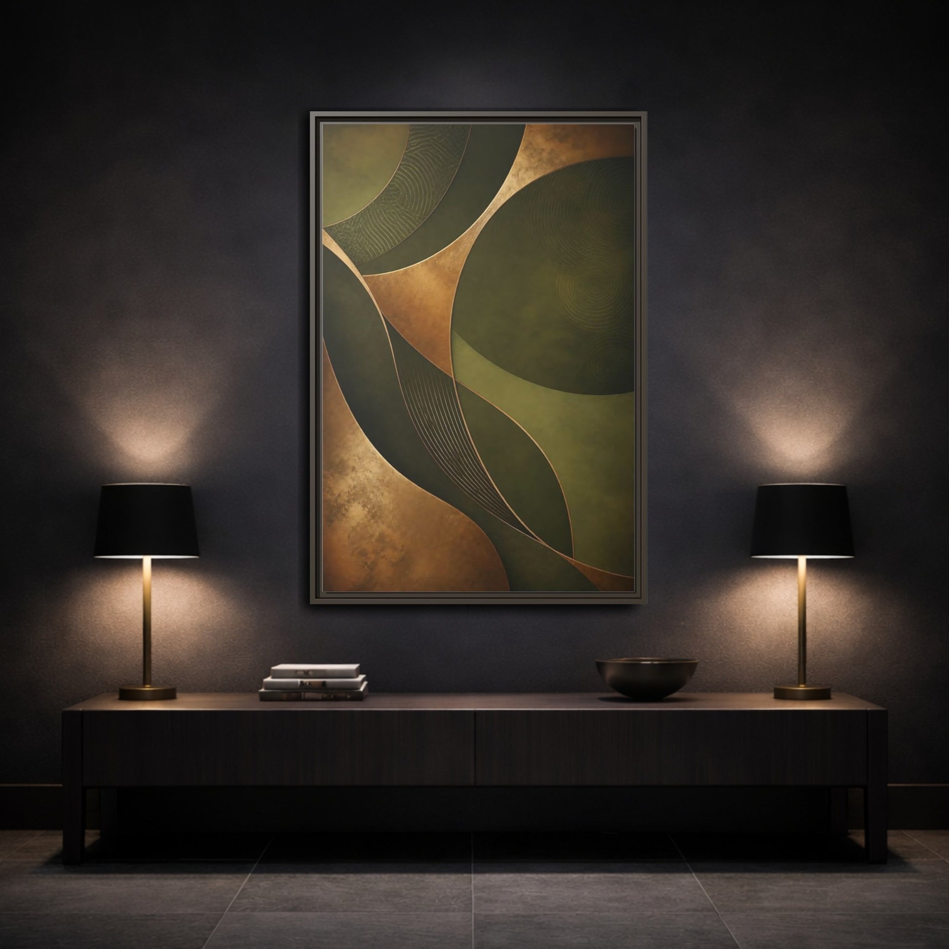 Mockup 3. Abstract Abstract Curves Green And Gold shown as stretched canvas wall art