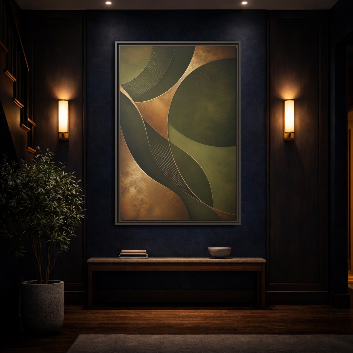 Mockup 4. Abstract Abstract Curves Green And Gold shown as stretched canvas wall art