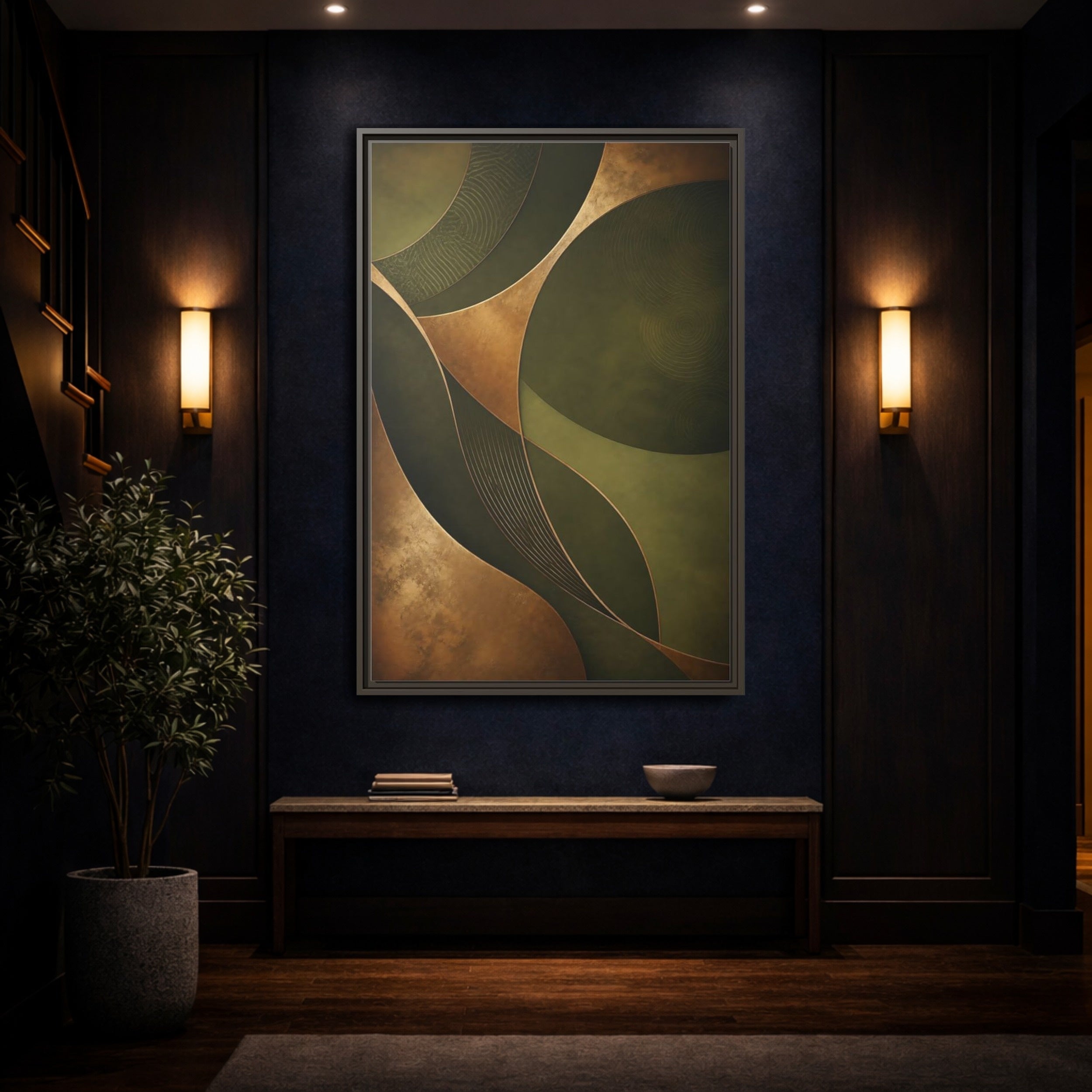 Mockup 4. Abstract Abstract Curves Green And Gold shown as stretched canvas wall art