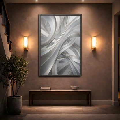 Mockup 2. Abstract Abstract Curves Silver Grey Abstract shown as stretched canvas wall art