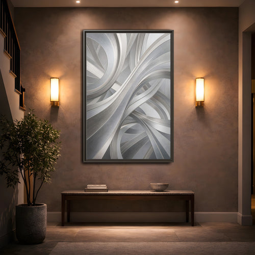 Mockup 2. Abstract Abstract Curves Silver Grey Abstract shown as stretched canvas wall art