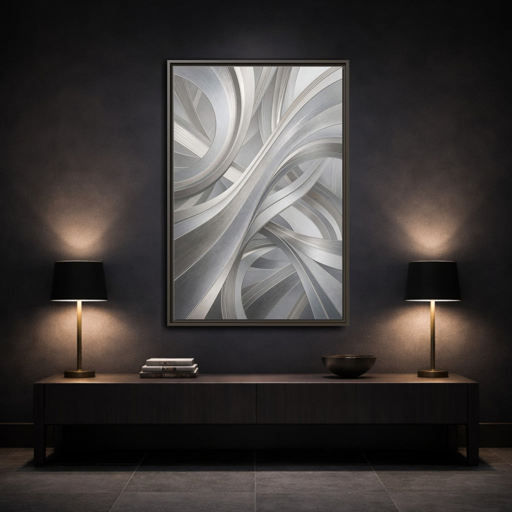 Mockup 3. Abstract Abstract Curves Silver Grey Abstract shown as stretched canvas wall art