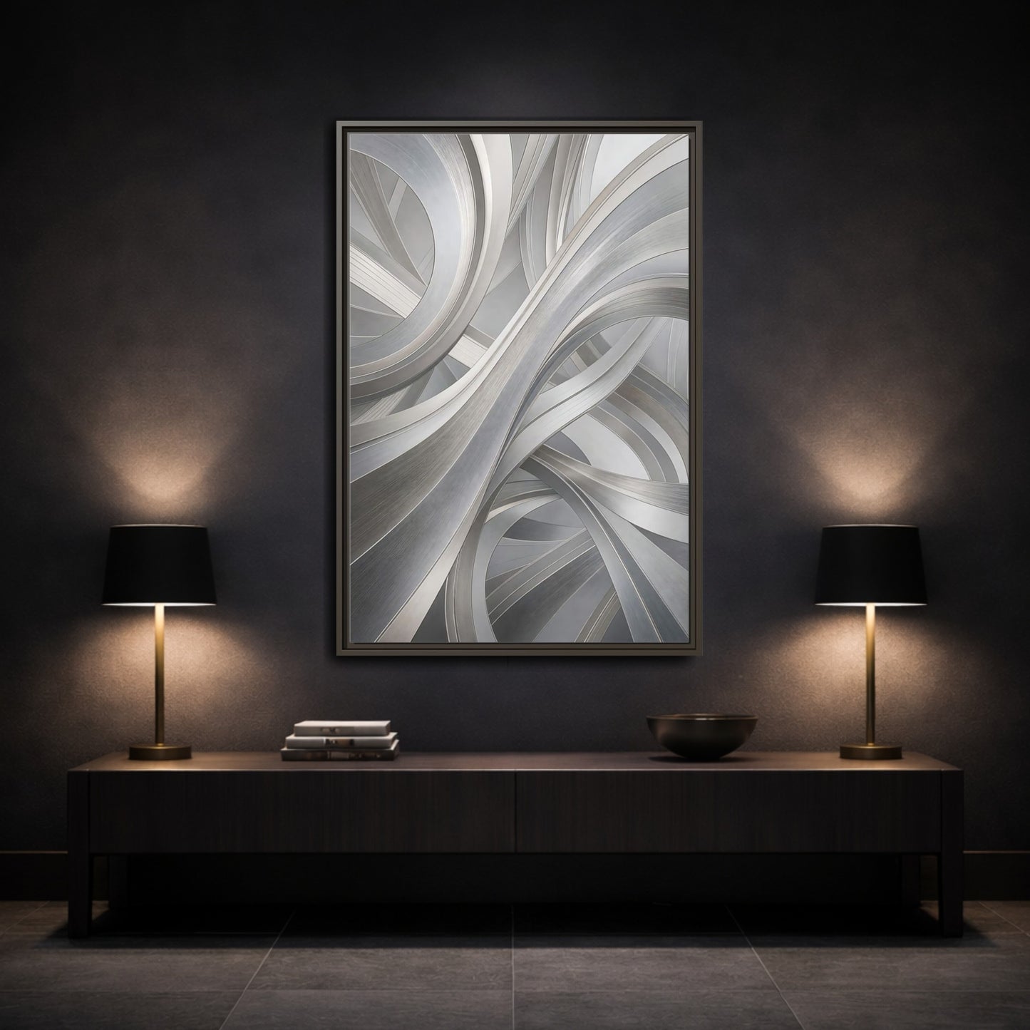 Mockup 3. Abstract Abstract Curves Silver Grey Abstract shown as stretched canvas wall art