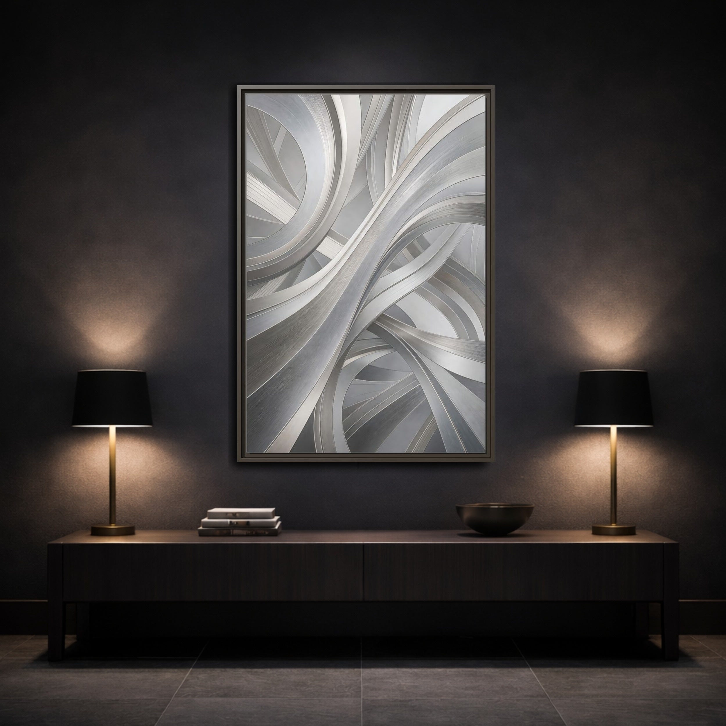 Mockup 3. Abstract Abstract Curves Silver Grey Abstract shown as stretched canvas wall art