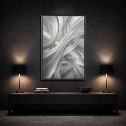 Mockup 3. Abstract Abstract Curves Silver Grey Abstract shown as stretched canvas wall art