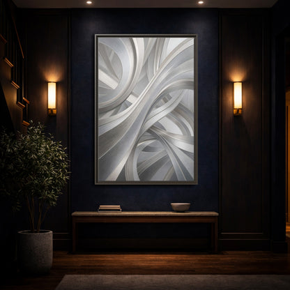 Mockup 4. Abstract Abstract Curves Silver Grey Abstract shown as stretched canvas wall art