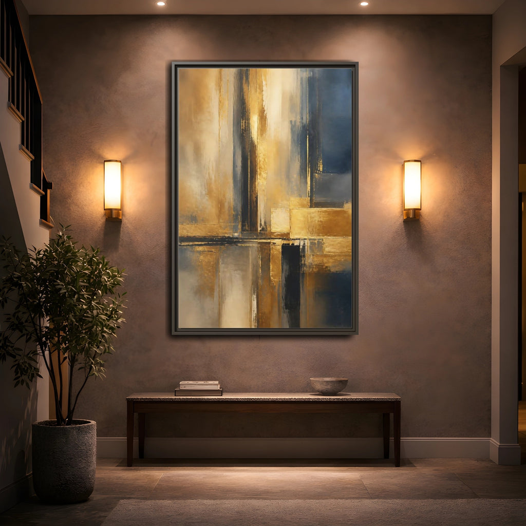 Mockup 2. Abstract Abstract Design Gold And Blue Abstract shown as stretched canvas wall art