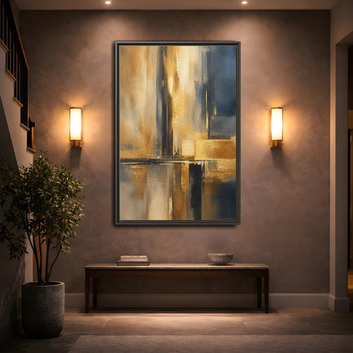 Mockup 2. Abstract Abstract Design Gold And Blue Abstract shown as stretched canvas wall art