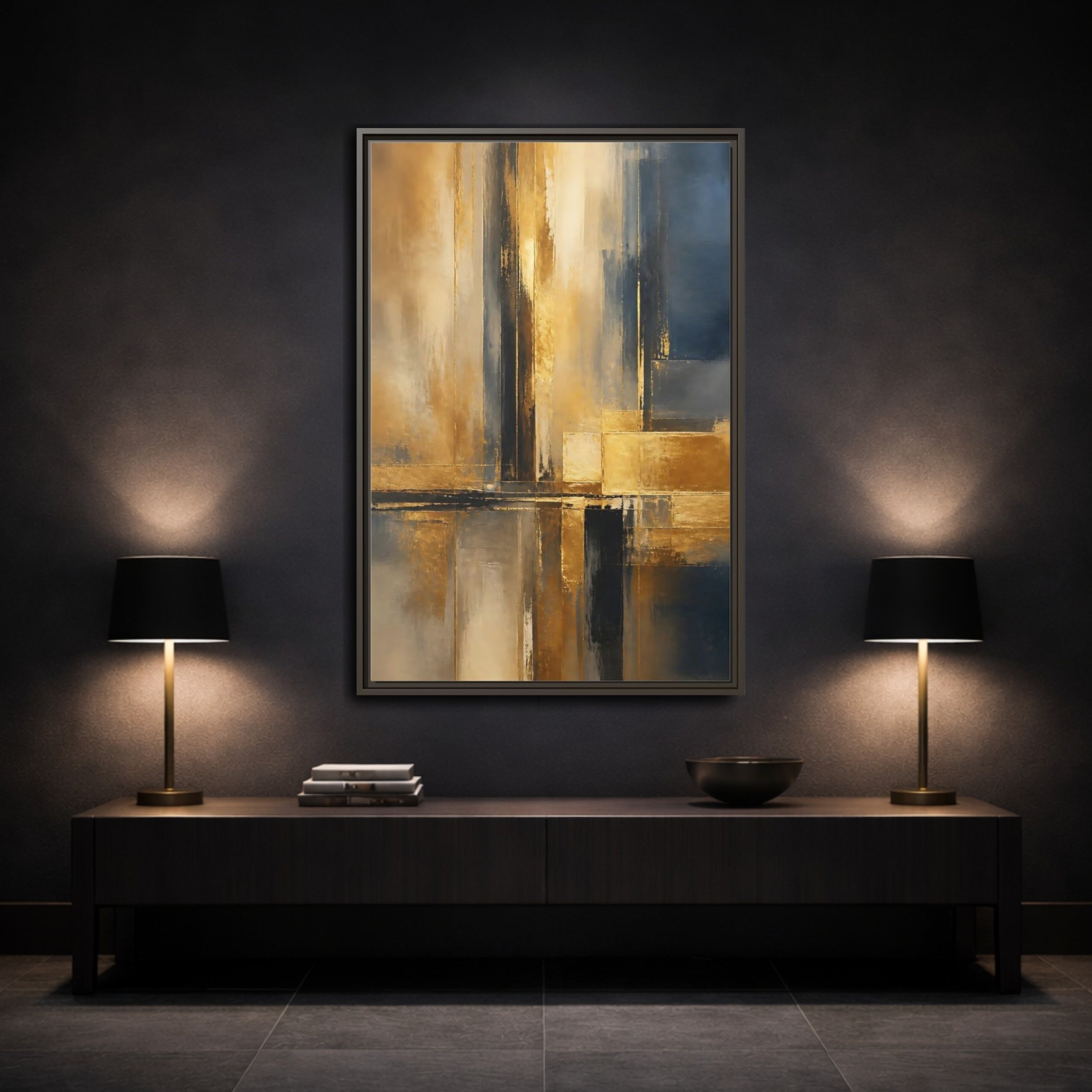 Mockup 3. Abstract Abstract Design Gold And Blue Abstract shown as stretched canvas wall art