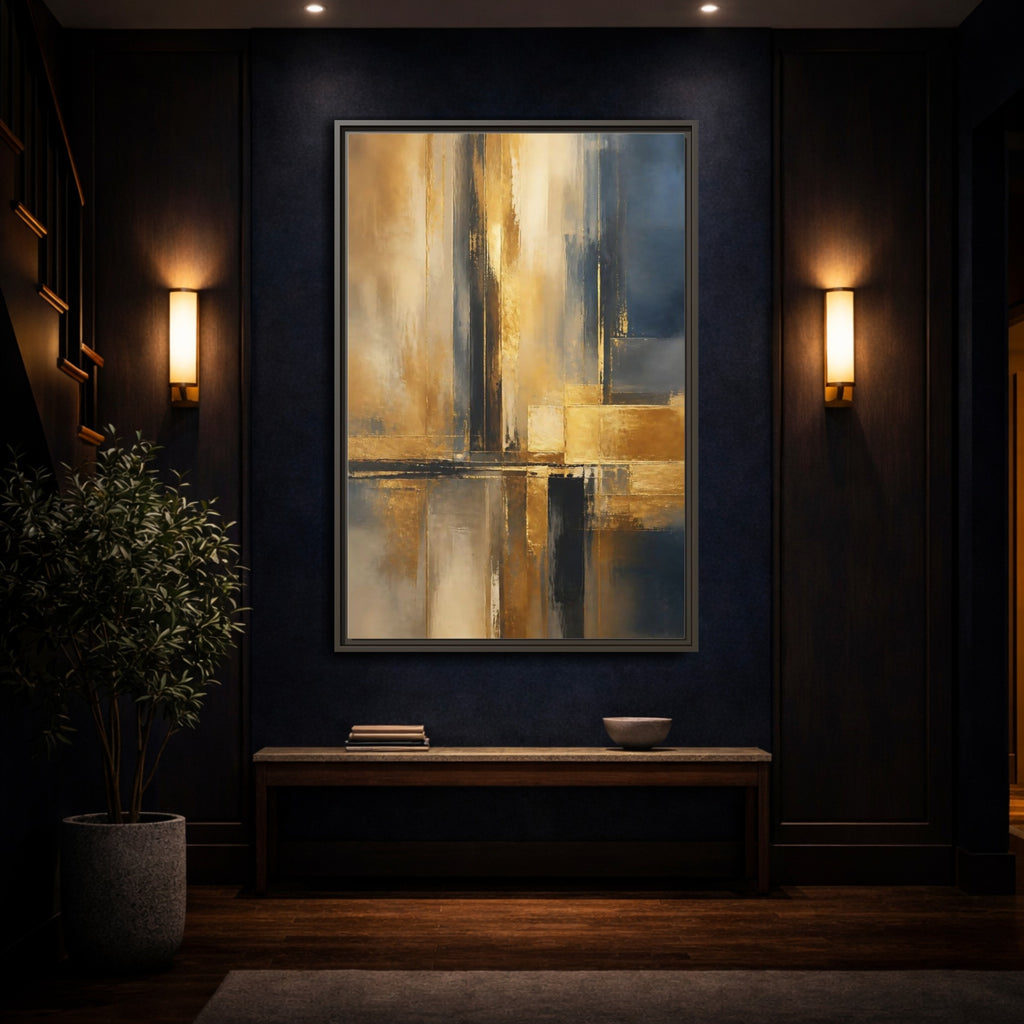Mockup 4. Abstract Abstract Design Gold And Blue Abstract shown as stretched canvas wall art