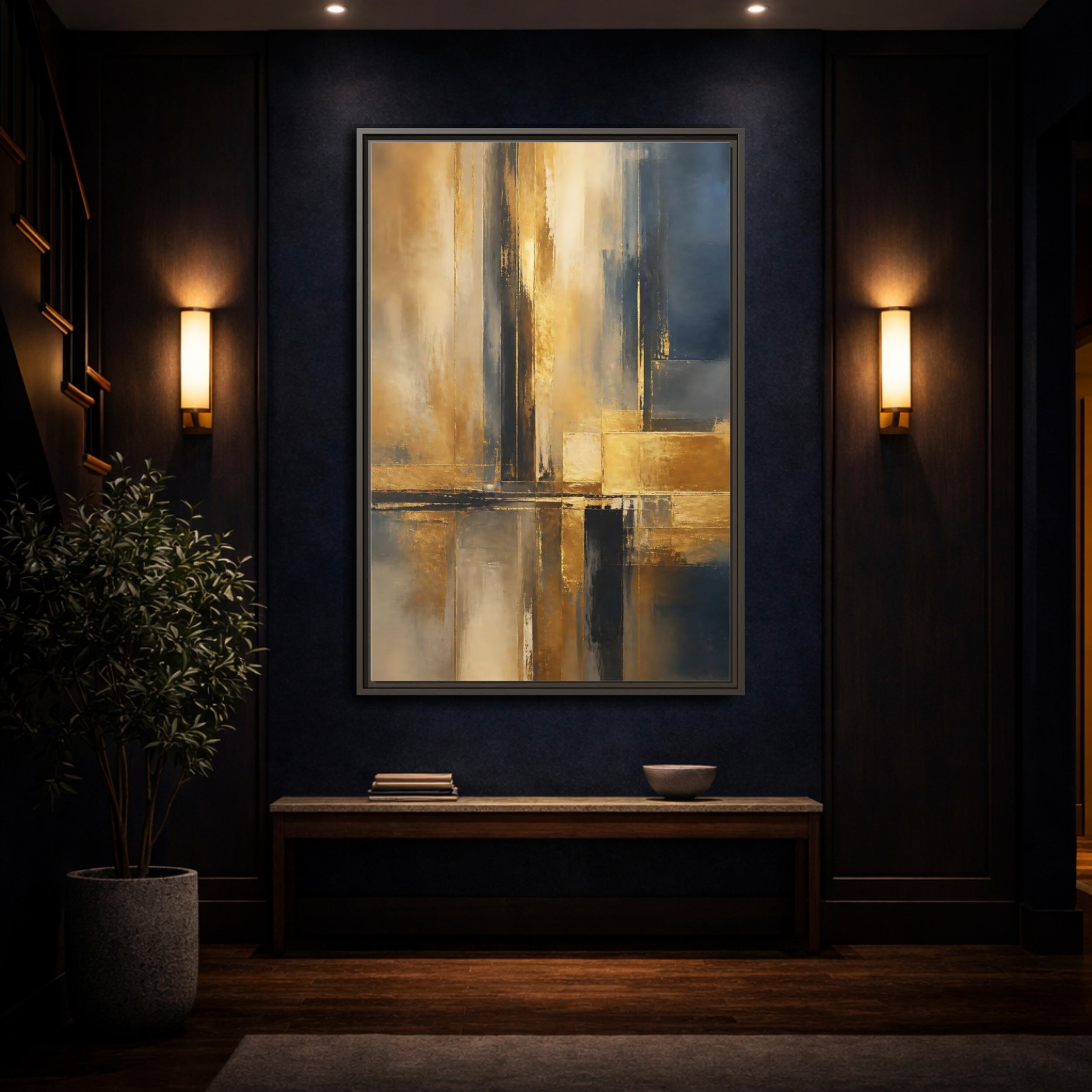 Mockup 4. Abstract Abstract Design Gold And Blue Abstract shown as stretched canvas wall art