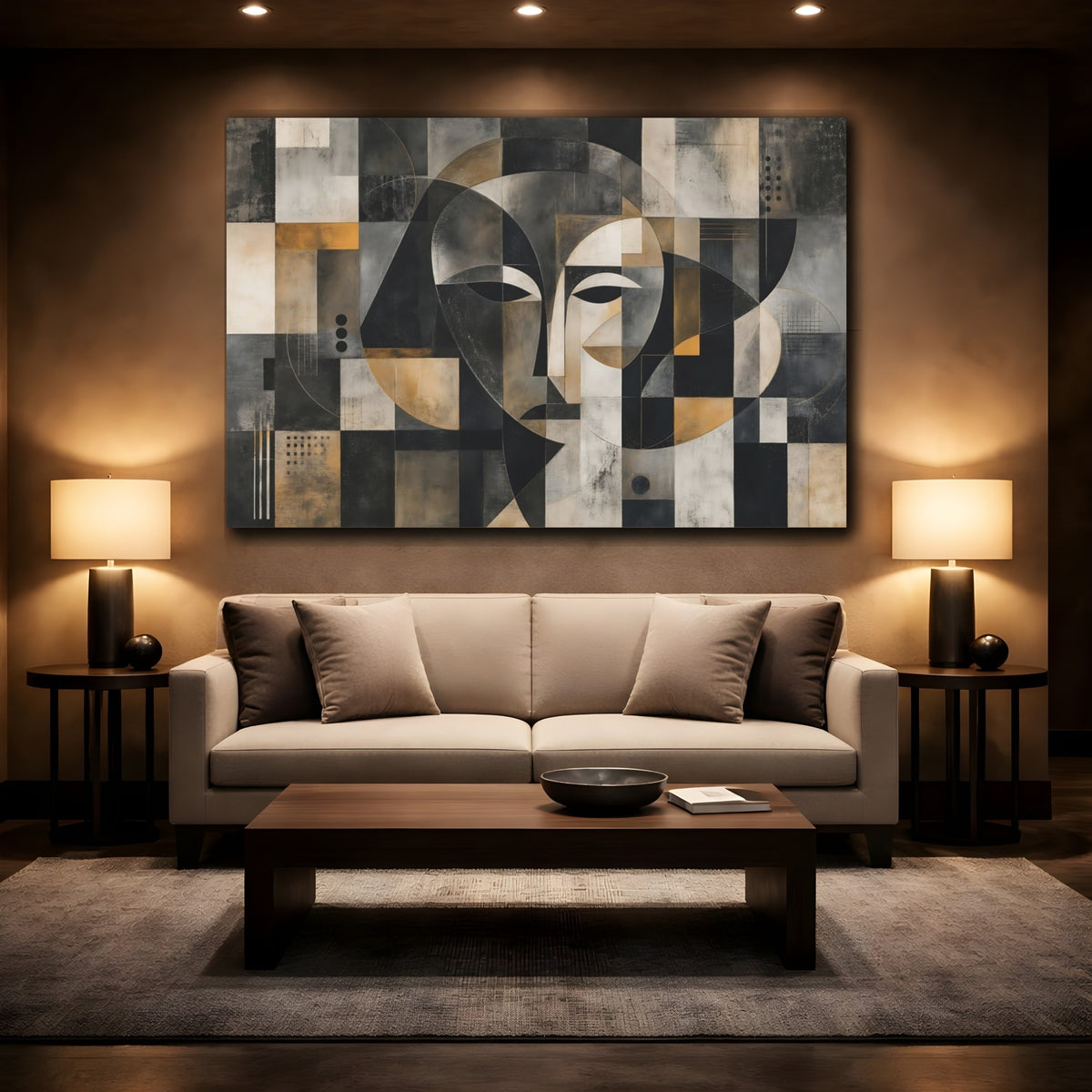 Mockup 2. Abstract Abstract Face Black Gold Abstract shown as stretched canvas wall art