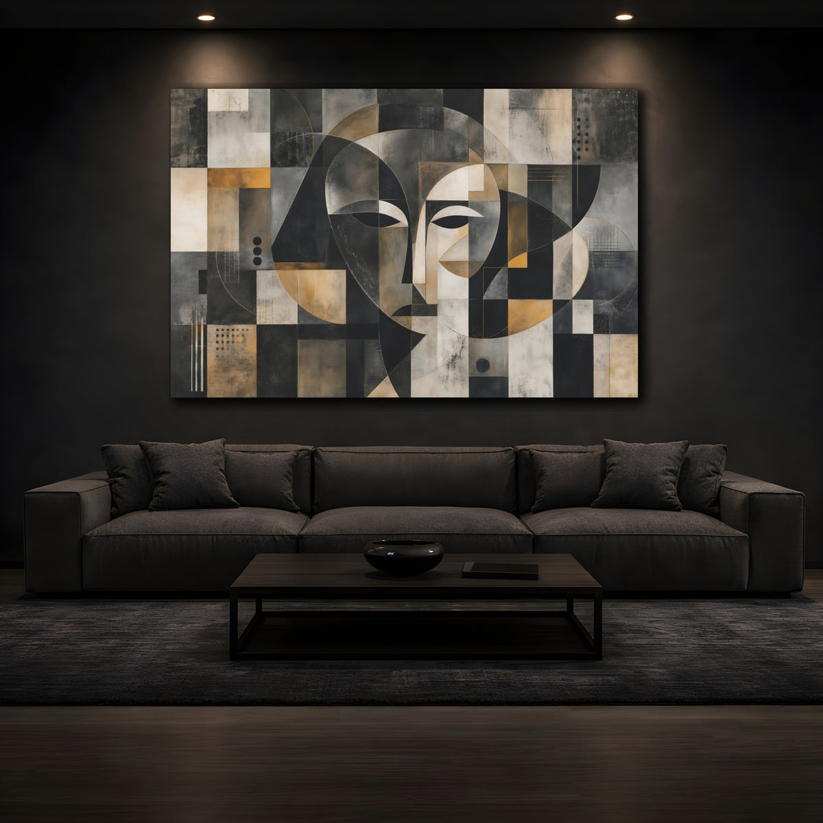 Mockup 3. Abstract Abstract Face Black Gold Abstract shown as stretched canvas wall art