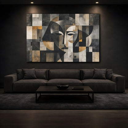 Mockup 3. Abstract Abstract Face Black Gold Abstract shown as stretched canvas wall art