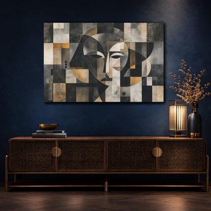 Mockup 4. Abstract Abstract Face Black Gold Abstract shown as stretched canvas wall art
